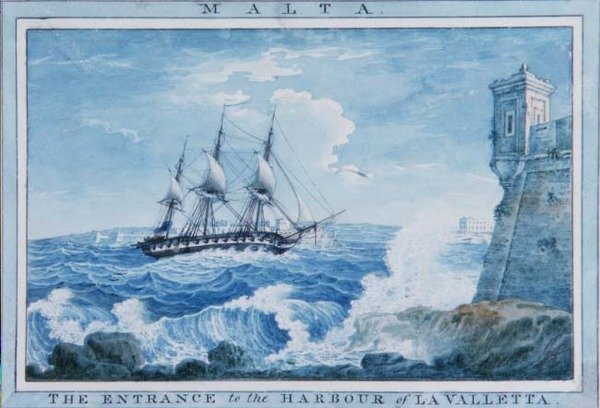 Malta: Indgangen til havnen i Valletta (akvarel) af Anton the Younger (circle) Schranz