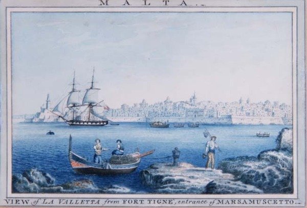 Malta: Udsigt over La Valletta fra Fort Tigne, indgangen til Marsamuscetto (akvarel) af Anton the Younger (circle) Schranz