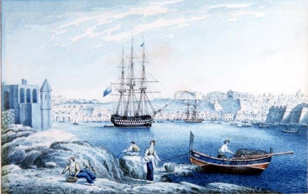 Malta: Udsigt over La Valletta fra punktet ved Corradino (akvarel) af Anton the Younger (circle) Schranz