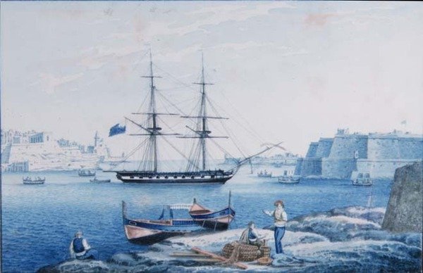 Malta: Udsigt over indgangen til havnen i La Valletta fra Isola Point (akvarel) af Anton the Younger (circle) Schranz