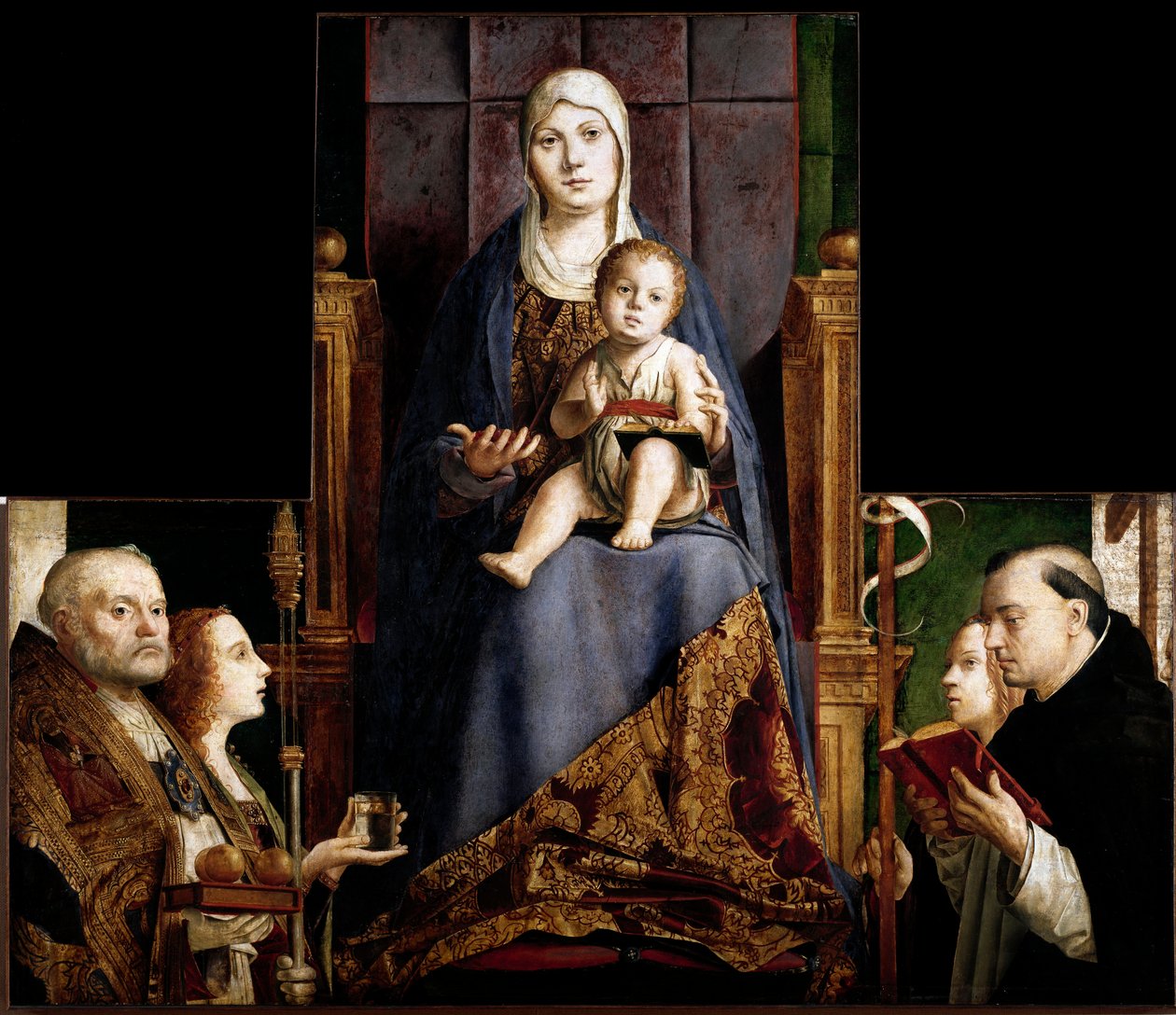 Altertavle af San Cassiano: "" Jomfru og barn omgivet af de hellige Nicholas af Myra eller Bari (270-345), Maria Magdalena, Saint Ursula og Saint Dominica""" Træmaleri af Antonello da Messina (ca. 1430-1479) 1475- 1476 Wien Kunsthistoriske Museum af Antonello da Messina