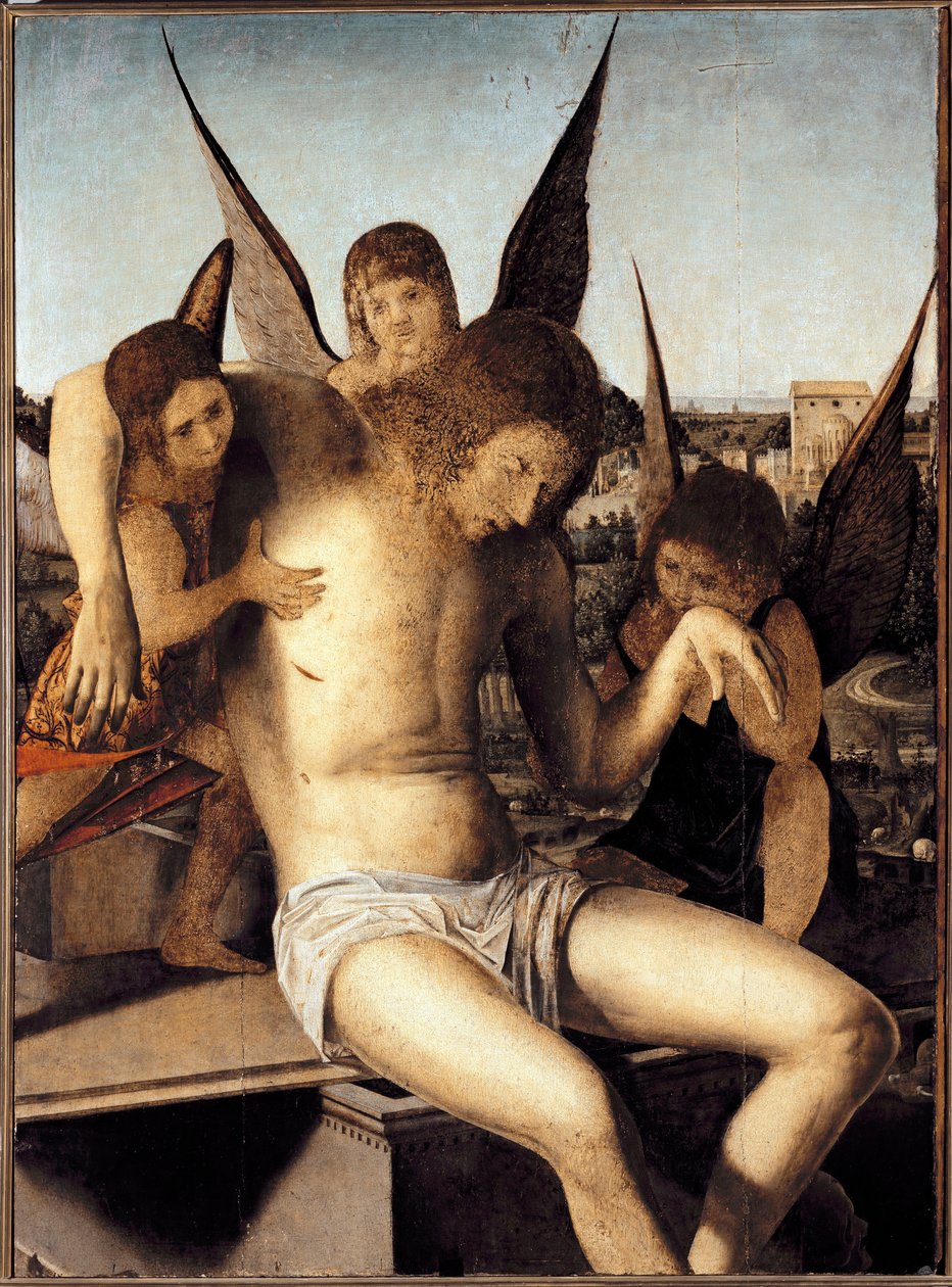 Pieta med tre engle Den døde Kristus støttet af tre engle på sin grav Maleri af Antonello di Antonio dit Antonello da Messina (1430-1479) 1475 Dim 145* 85 cm Venedig Museo Correr af Antonello da Messina