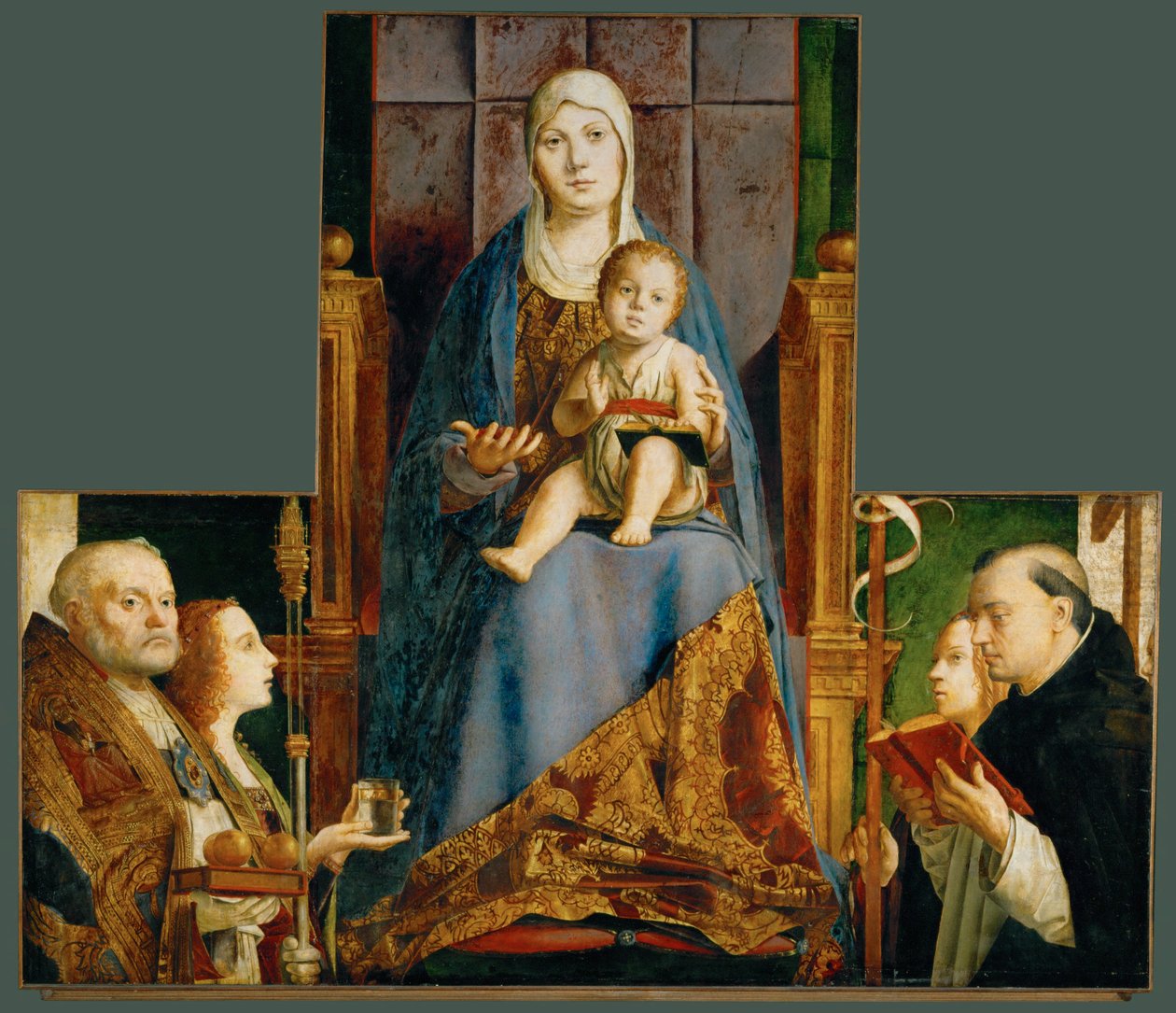 Den hellige Maria med barn og de hellige Nikolaus af Bari, Anastasia, Ursula, Dominicus og Helena af Antonello da Messina