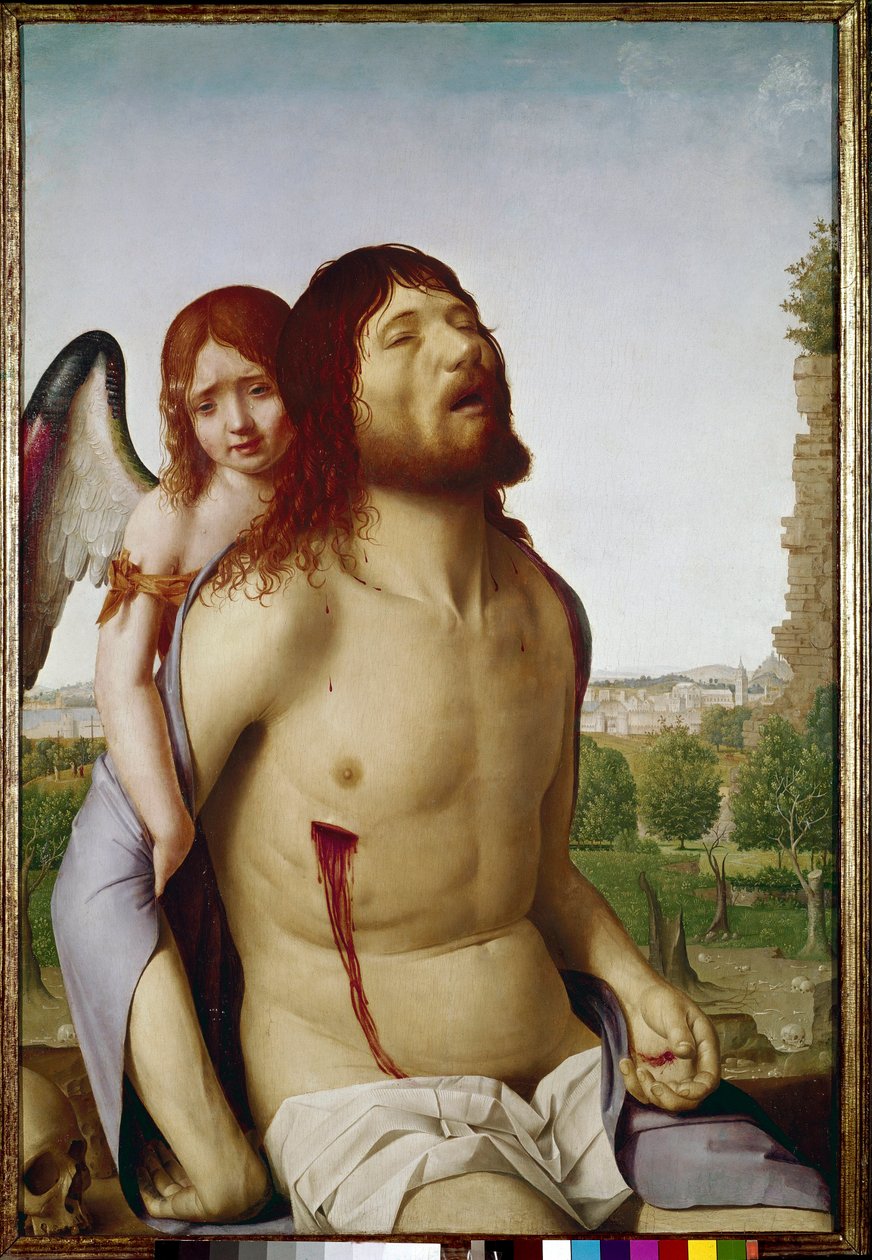 Den døde Kristus støttet af en engel. (olie på panel af Antonello da Messina