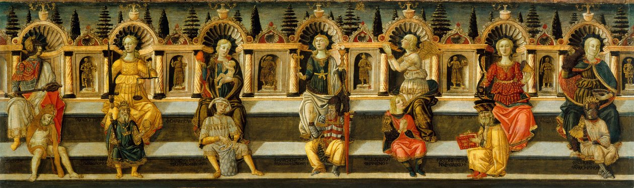 De syv dyder - Værk af Antonfrancesco (Anton Francesco) Guidi, kaldet Scheggia (1441-1476), tempera på træ (49,8x159,3 cm), ca. 1467-1469 - De syv dyder, Tempera på panel af Antonfrancesco (Anton Francesco) Guidi kaldet Scheggia, ca 1467-1469 - M af Antonfrancesco dello Scheggia
