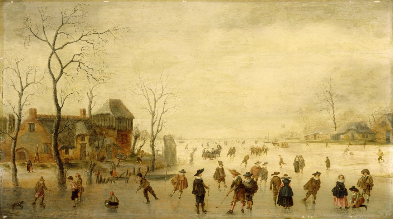 Vinterlandskab med skatere, golfspillere og bønder på frosne vandveje (olie på panel) af Antoni  Verstralen