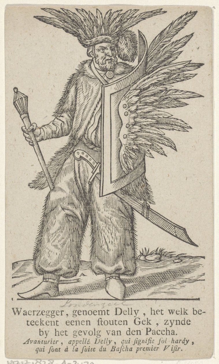 Deli fra følget af den osmanniske pasha Waerzegger, kaldet Delly, hvilket betyder en fræk galning, der er ved følget af Pacchaen (titel på objektet) af Antoni van Leest