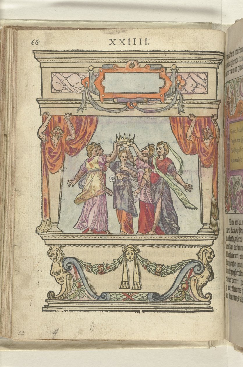 Stadie, hvor personifikationerne af herlighed, majestæt, generøsitet, storslåethed og beskedenhed sammen holder en krone, 1578 af Antoni van Leest