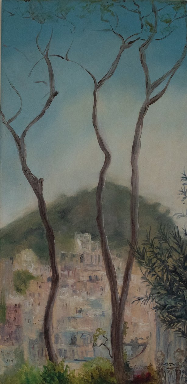 Italienske træer, Amalfikysten, 2018 (olie på lærred) af Antonia Myatt