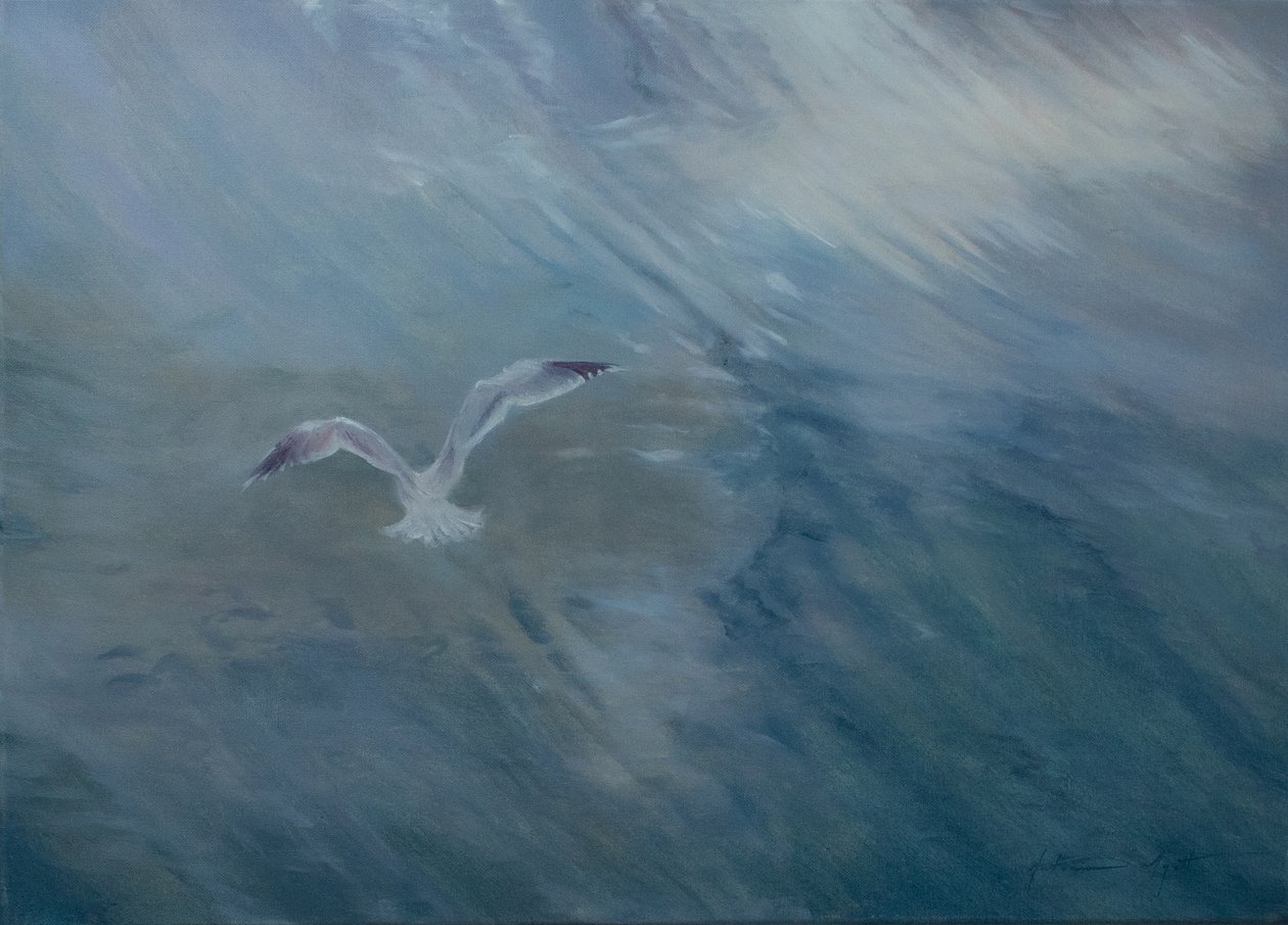 Måge flyver væk, 2012 (olie på lærred) af Antonia Myatt