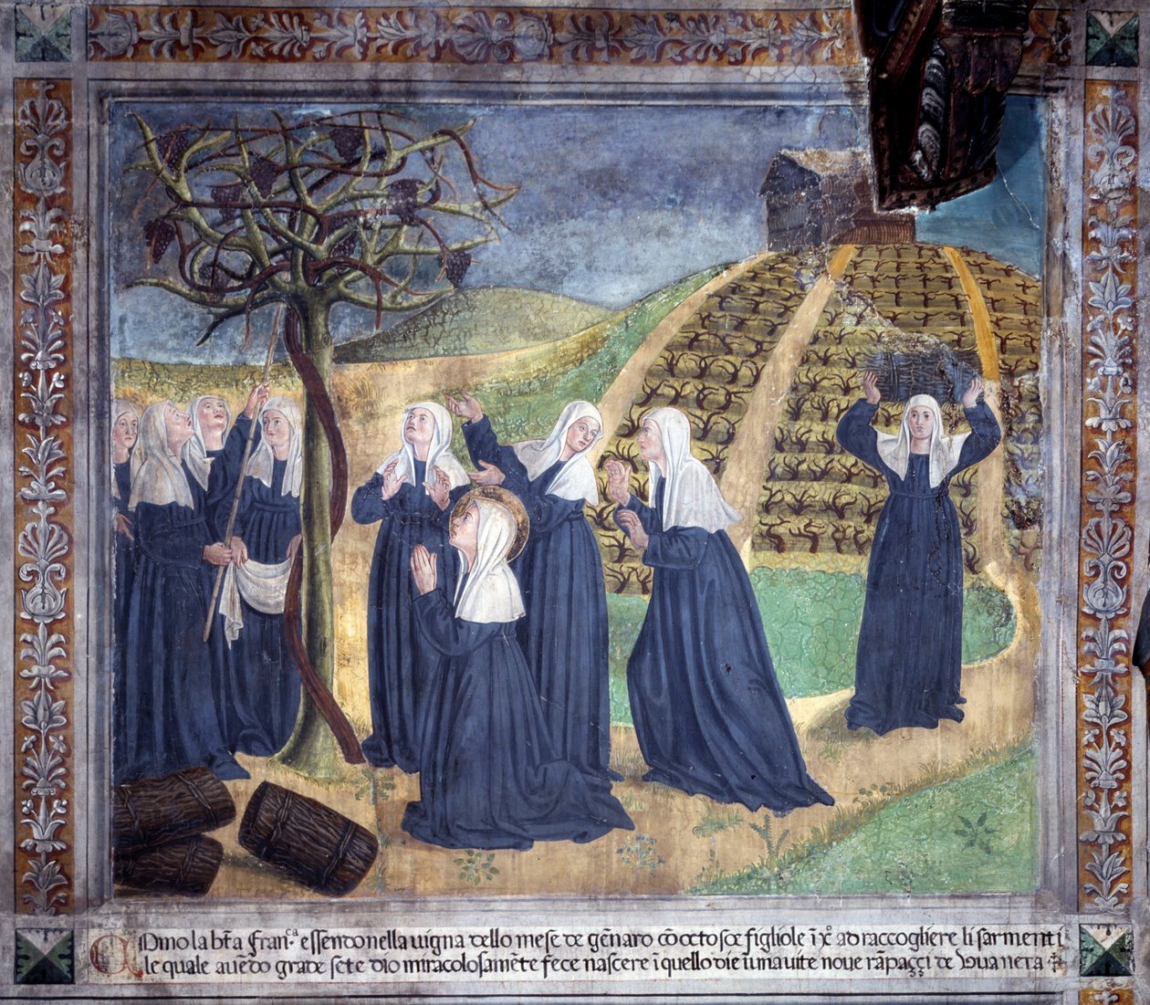 Saint Francoise Romaines liv: helgenen, der vedligeholder vingården med søstrene, får druer til at dukke op i januar (Fresco af Antoniazzo Romano
