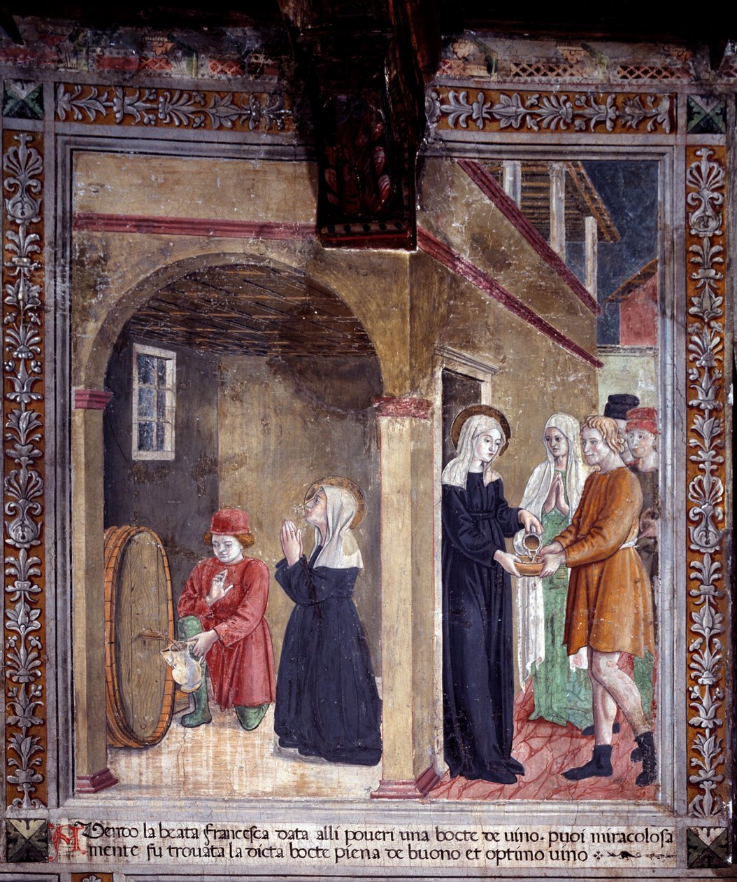 Life of St. Francesca Romana : En tønde vin brugt af helgenen til de fattige findes mirakuløst fyldt (Fresco af Antoniazzo Romano