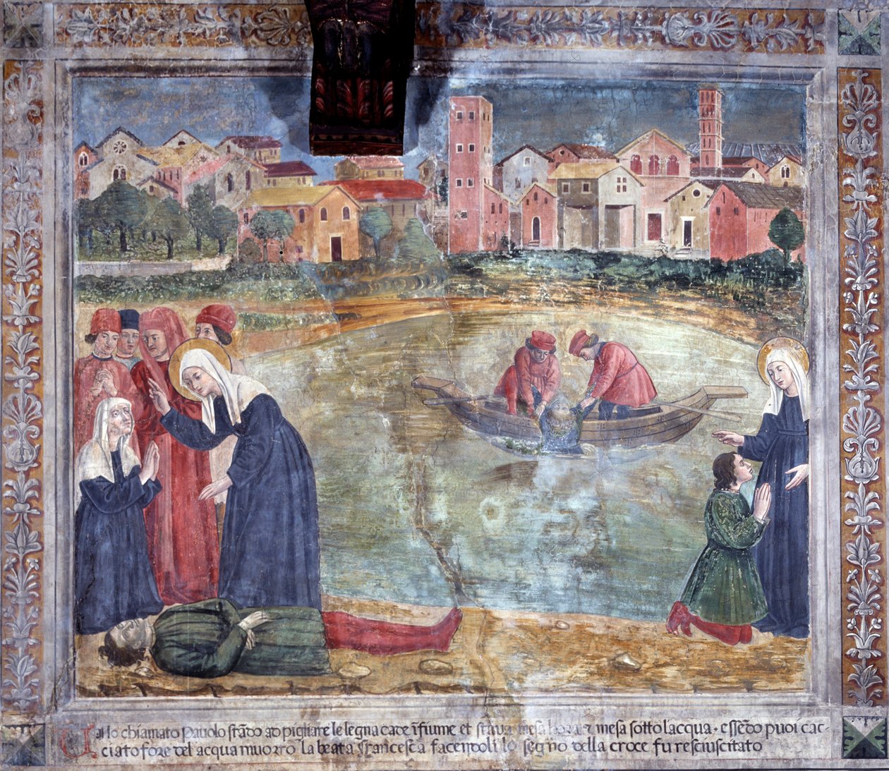 St. Francesca Romanas liv: En mand er opstanden af helgenen efter at være druknet i Tiberen (Fresco af Antoniazzo Romano