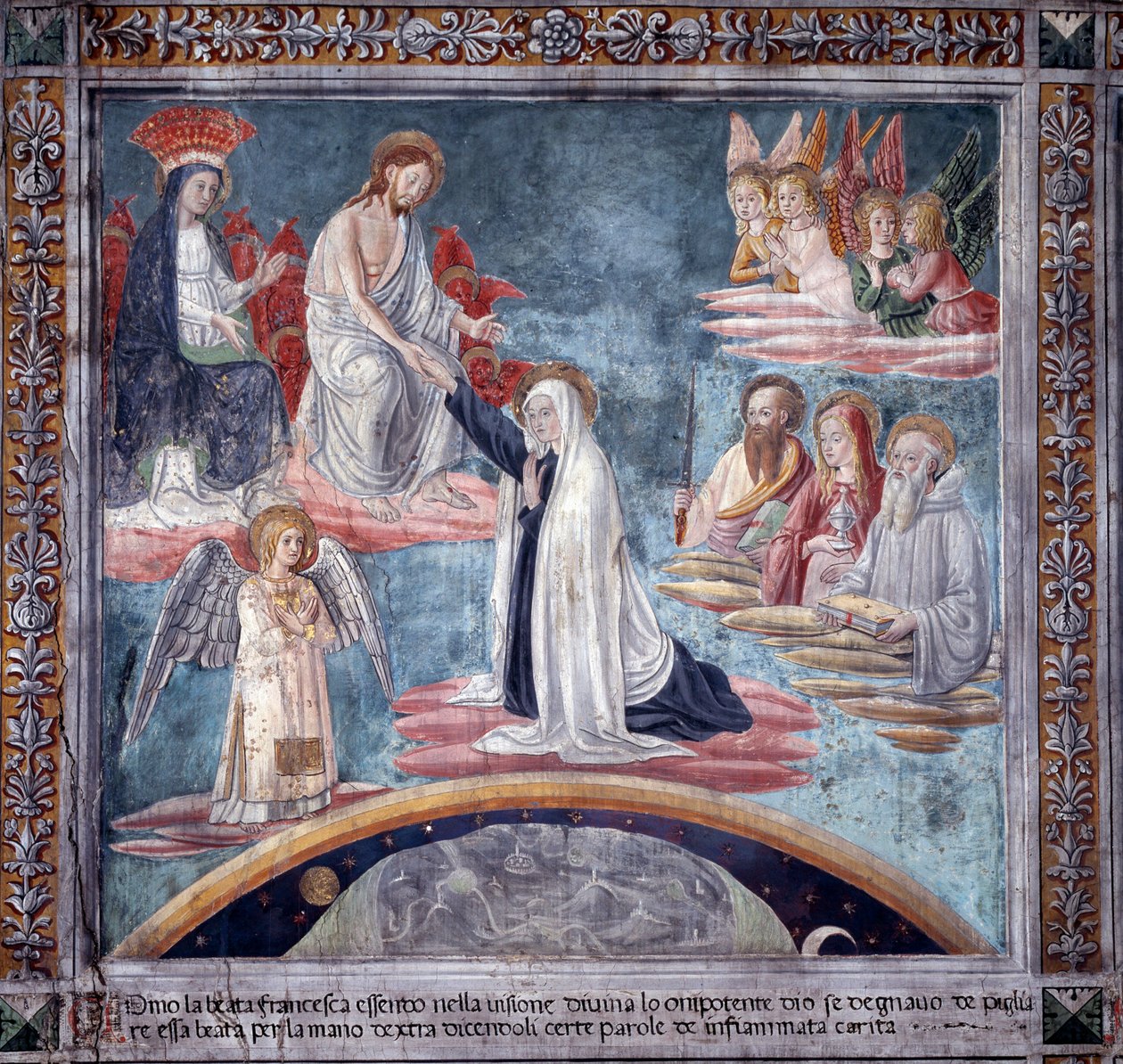 Livet af St. Francesca Romana: Under en ekstase tager den guddommelige Forløser Francesca ved højre hånd (Fresco af Antoniazzo Romano