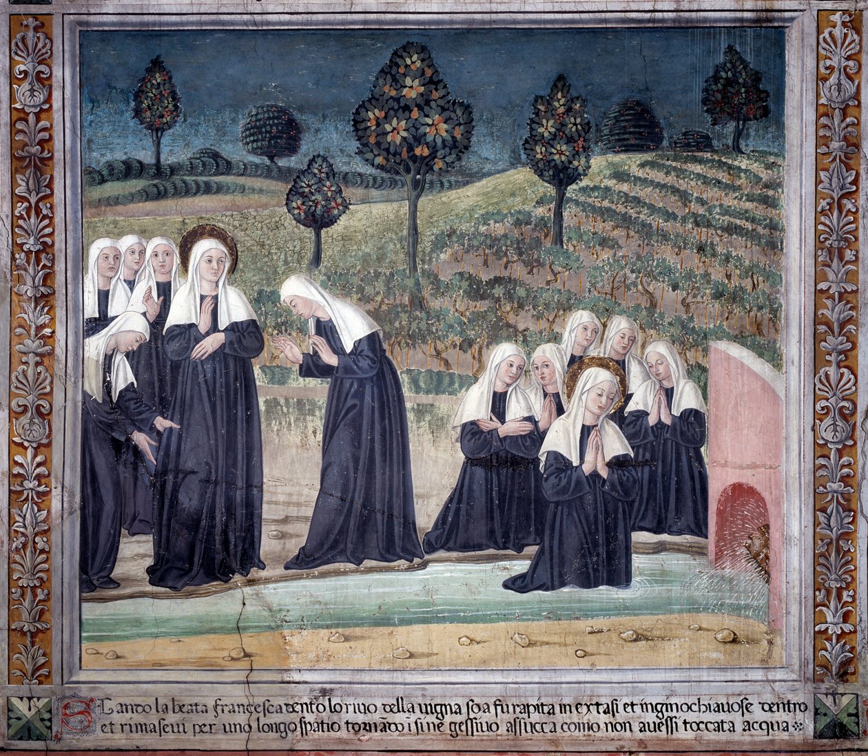 Livet af St. Francesca Romana: Da hun vendte tilbage fra St. Pauls Basilika, blev helgenen fanget i ekstase i en å, men rejste sig helt tør (Fresco af Antoniazzo Romano