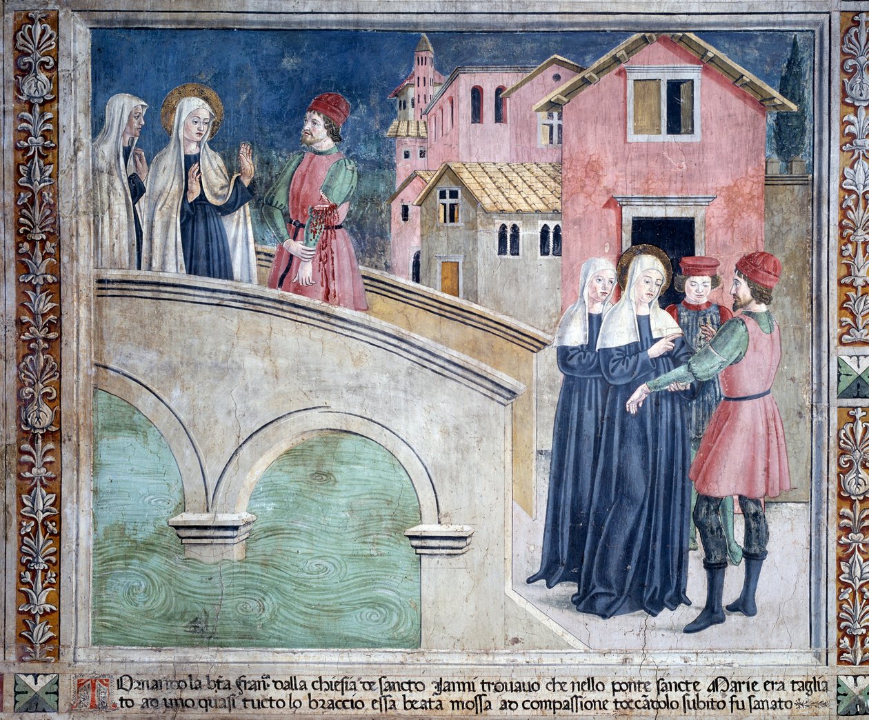 St. Francesca Romanas liv: Ved hendes tilbagevenden til St John Lateran helbreder helgenen en mand med en overskåret arm (Fresco af Antoniazzo Romano