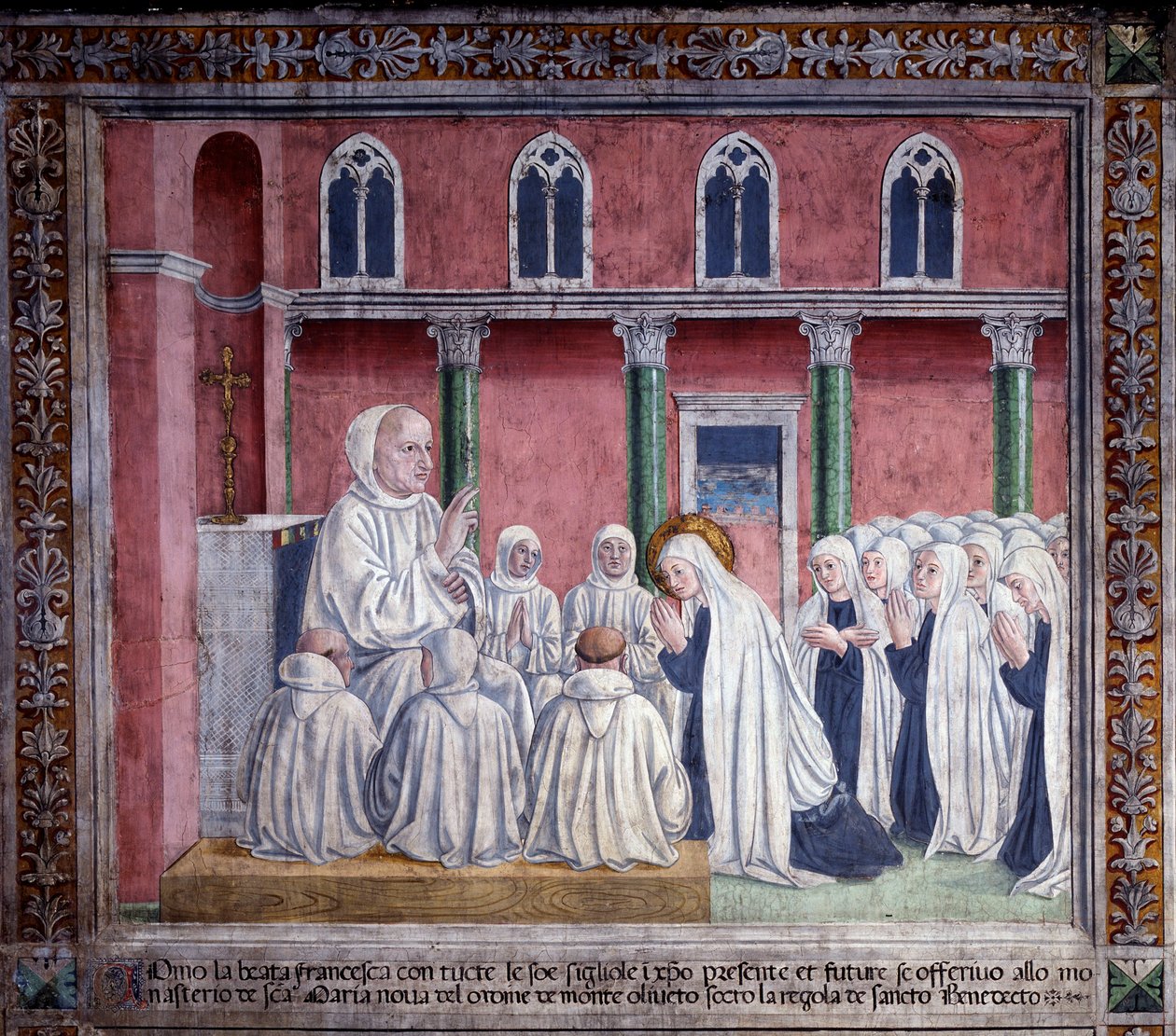 St. Francesca Romanas liv: Helgenen og oblaterne ofrer sig til benediktinerordenen og slår sig ned i kirken Santa Maria Nova, Rom (Fresco) af Antoniazzo Romano