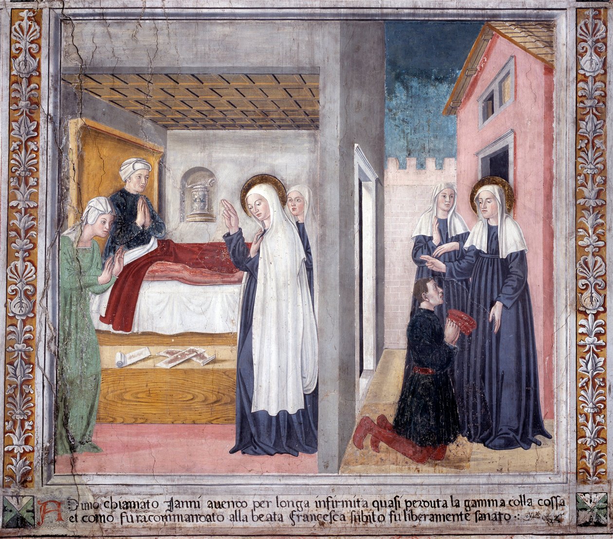 St. Francesca Romanas liv: Helgenen helbreder en mand, der mistede sit ben (Fresco af Antoniazzo Romano