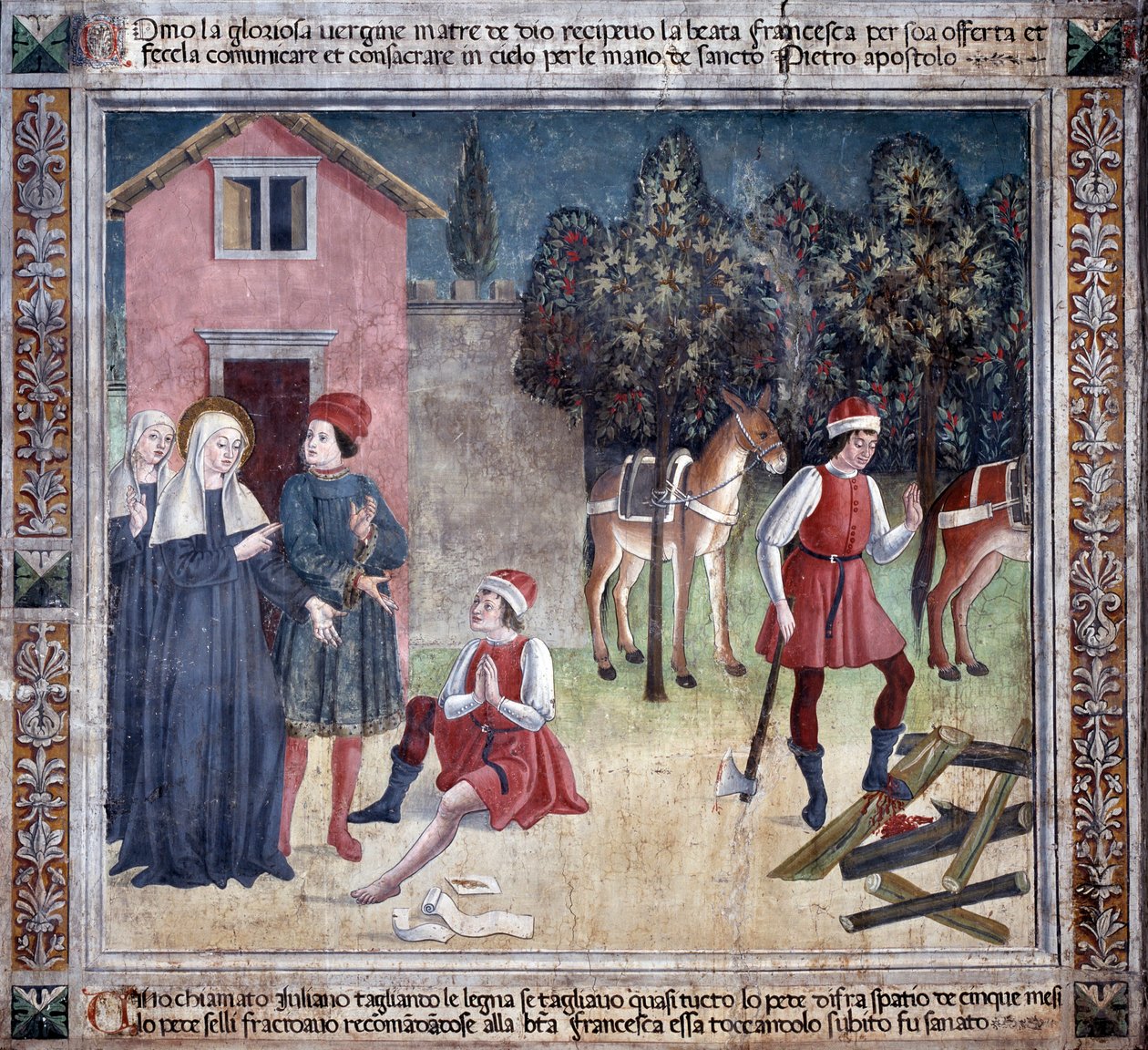 Life of St. Francesca Romana : Helgenen helbreder en mand med den sårede fod (Fresco af Antoniazzo Romano