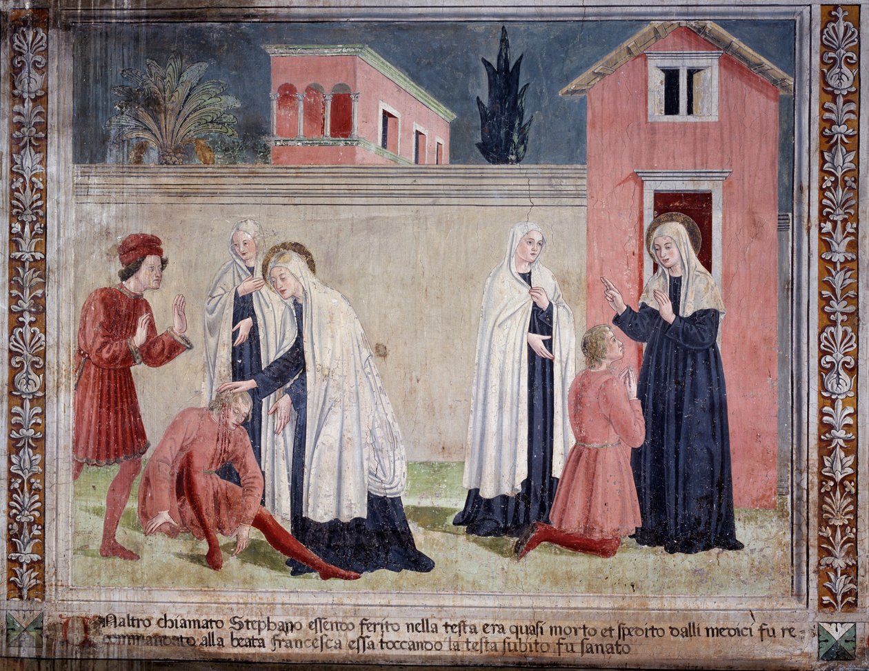 St. Francesca Romanas liv: Helgenen helbreder en mand, der er såret i hovedet (Fresco af Antoniazzo Romano