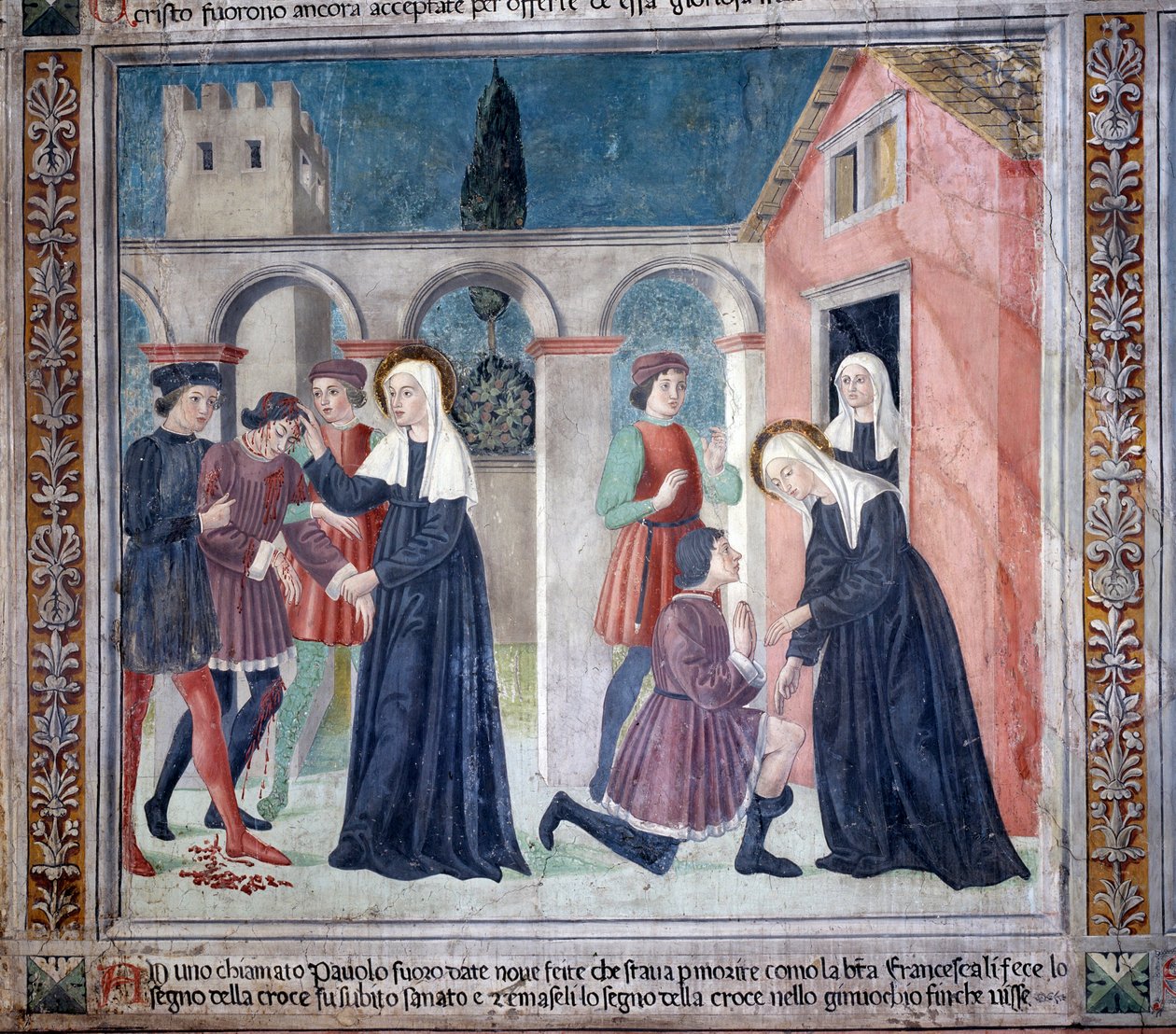 St. Francesca Romanas liv: Helgenen helbreder en såret mand (Fresco af Antoniazzo Romano