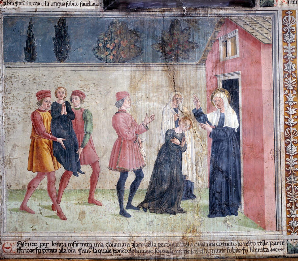 Life of St. Francesca Romana : Helgenen møder en lammet kvinde kaldet Jacobella og lover at helbrede hende (Fresco af Antoniazzo Romano