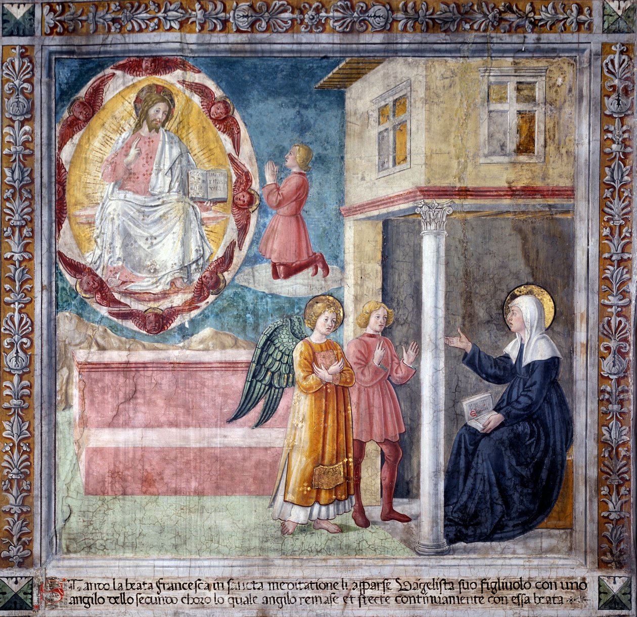 St. Francesca Romanas liv: Helgenens søn, dræbt af byllepesten, viser sig for hende med en engel (Fresco af Antoniazzo Romano