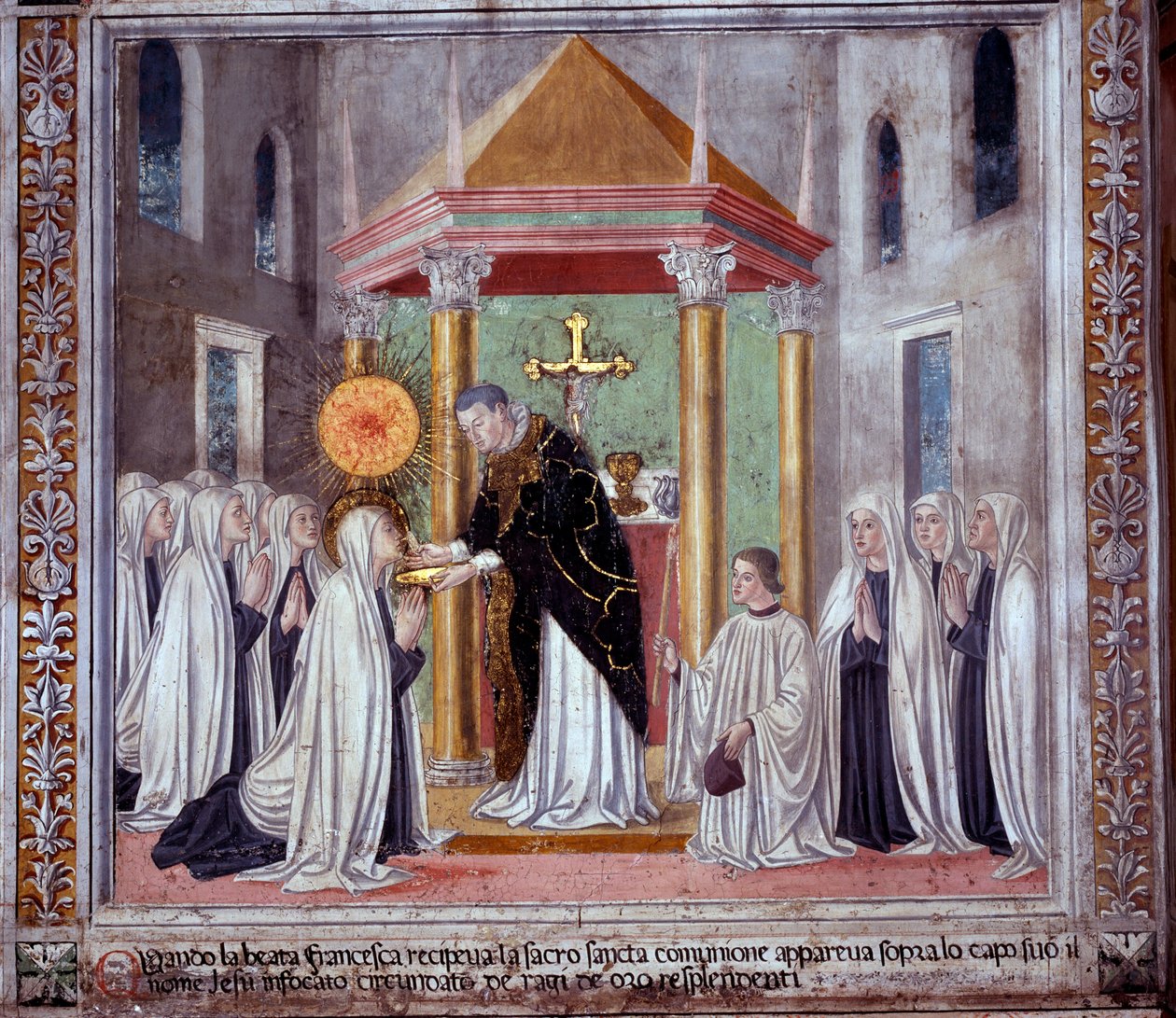 St. Francesca Romanas liv: Da helgenen modtog nadver, dukkede en lysende kugle op over hende (Fresco af Antoniazzo Romano