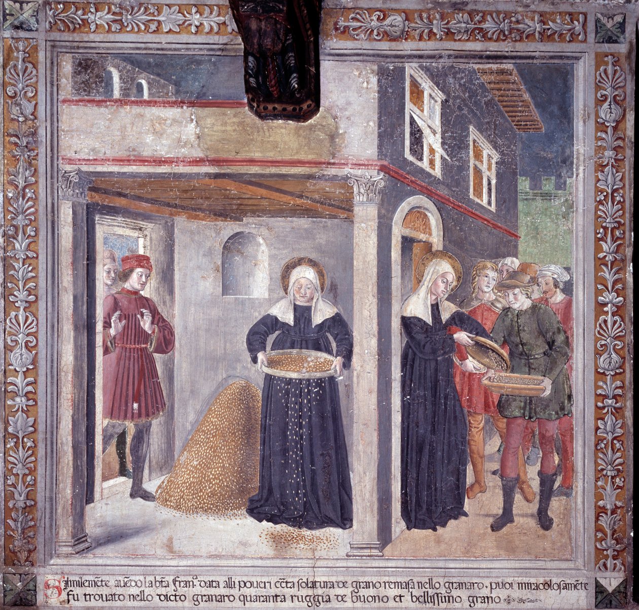 St. Francesca Romanas liv: under en alvorlig hungersnød i 1402 giver Francesca alt sit korn til de fattige (Fresco af Antoniazzo Romano