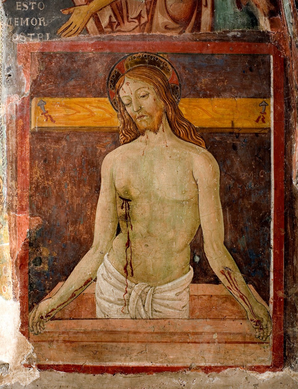 Pieta Jesu Kristi aureol er markeret med et kors. Detalje af en fresco af Antonio Aquili detto Antoniazzo Romano (aktiv omkring 1461-1508) Sankt Benoits kloster fra det 15. århundrede (Sacro Speco), Subiaco (Rom), Italien af Antoniazzo Romano