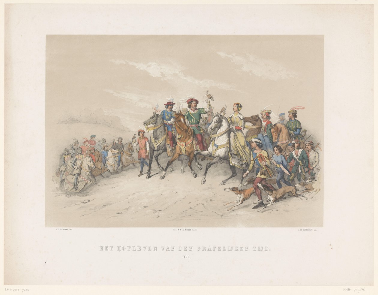 Utrecht Masquerade af 1851: Hofliv i 1296 Grevetidens Hofliv. 1296 (titel på objekt) Den nationale historie. fra de tidligste tider til slutningen af ​​1600-tallet, i otte scener, præsenteret i dragt af H.H. Dtudente af Antonie Johannes Groeneveldt