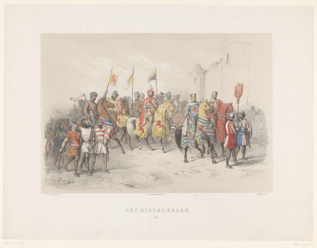 Utrecht Masquerade af 1851: Ridderskab, 1217 The Knighthood, 1217 (titel på objekt) Den nationale historie. fra de ældste tider til slutningen af ​​1600-tallet, i otte scener, præsenteret i dragt af H.H. Studerende fra Utrechtsche Hoo af Antonie Johannes Groeneveldt
