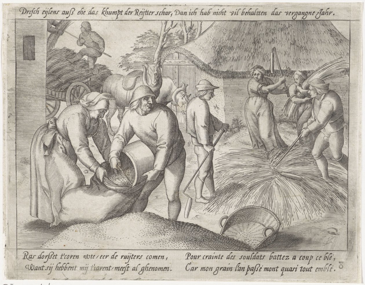 Tærskning af kornet Dyrkning af korn (serietitel) af Antonie Wierix (II) (possibly)