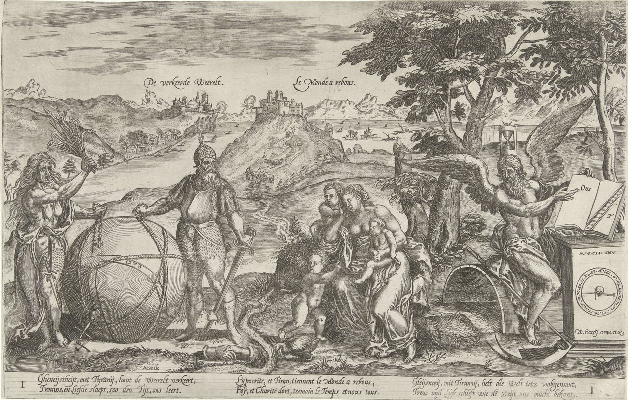 Den forkerte verden, 1579 Den forkerte Weerelt / Le Monde a rebous (titel på objekt) Allegorier over den politiske situation i Holland i årene 1576-1579 (serietitel) af Antonie Wierix (II)