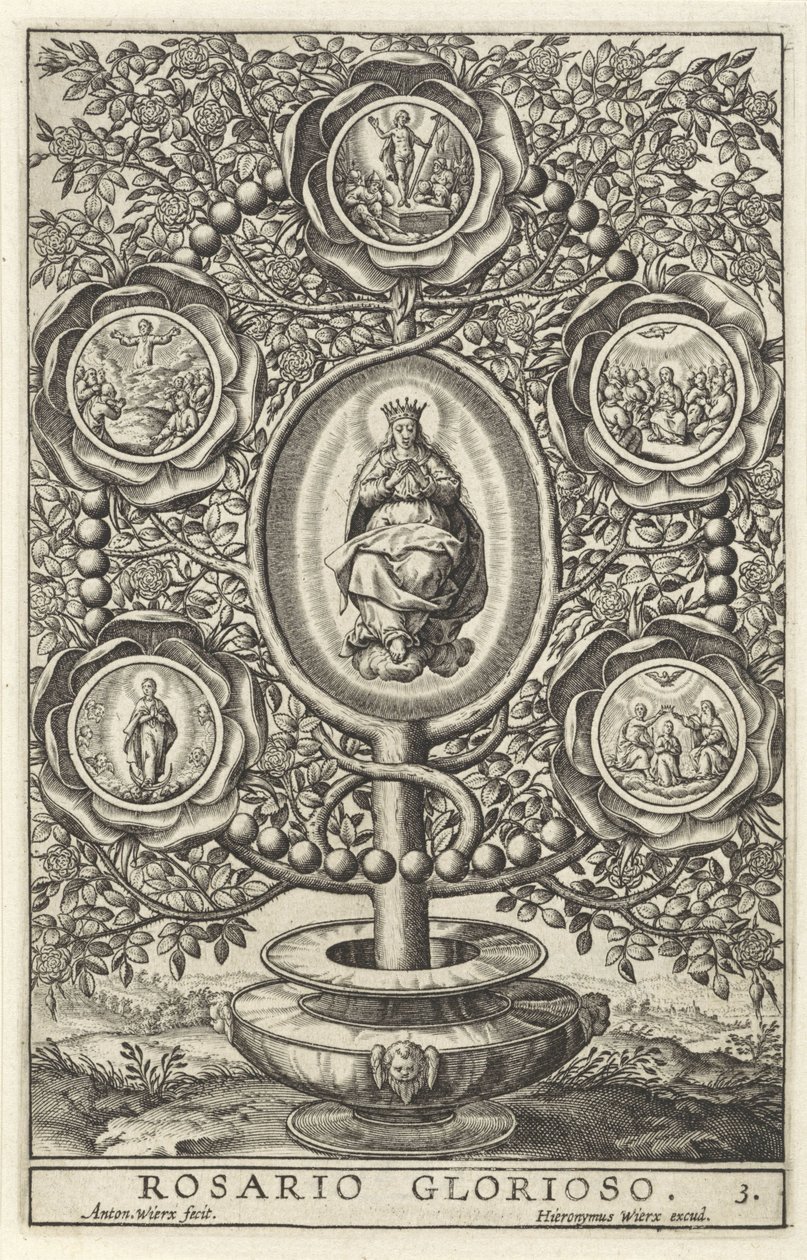 Fem herlige mysterier Rosario Glorioso (titel på objekt) Femten Mysteries of the Rosenkrans (serietitel) af Antonie Wierix (II)