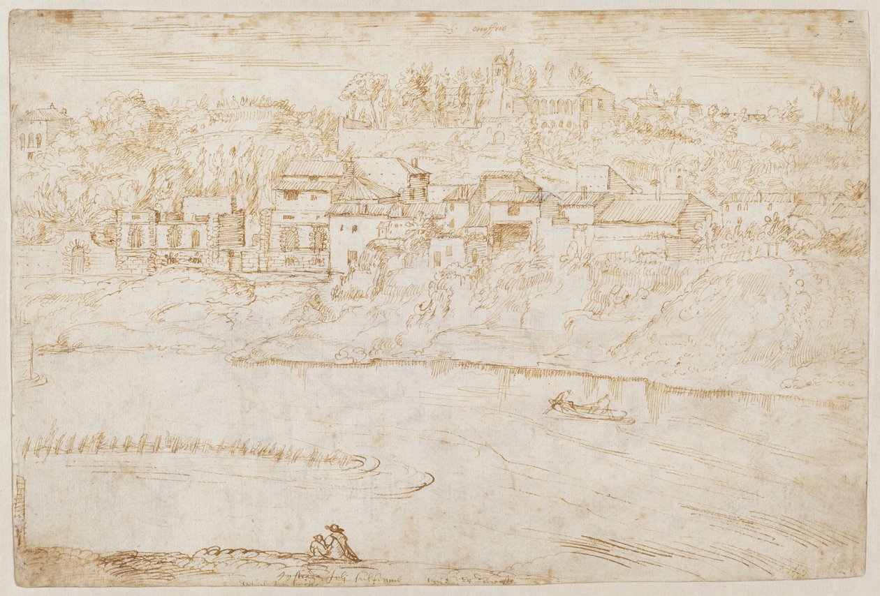 Udsigt over Janiculum Hill set fra Tiberen (recto) af Antonie van den Wyngaerde