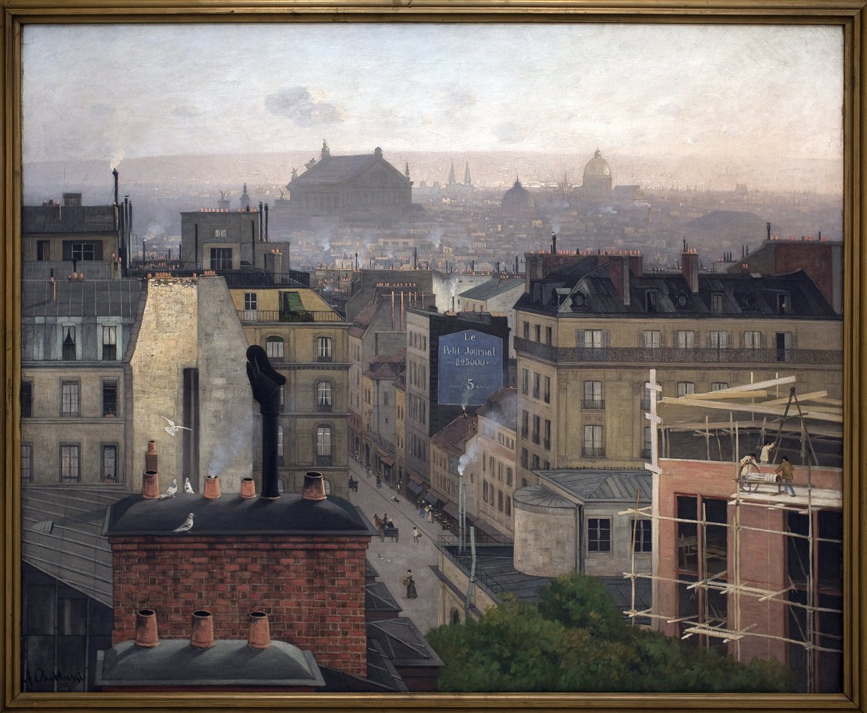 Paris set fra Montmartre. På væggen i en af bygningerne, en annonce for "Den Lille Avis". Maleri af Antonin Chitussi (Chittussi) (1847-1891), olie på lærred af Antonin Chittussi