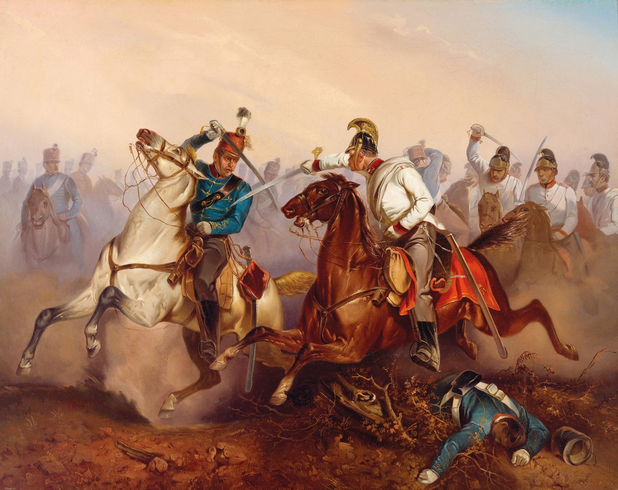 Kamp mellem kejserlige østrigske dragoner og ungarske Honvéd-husarer ….Ungarn i 1849, 1854. af Antonin Zimmer