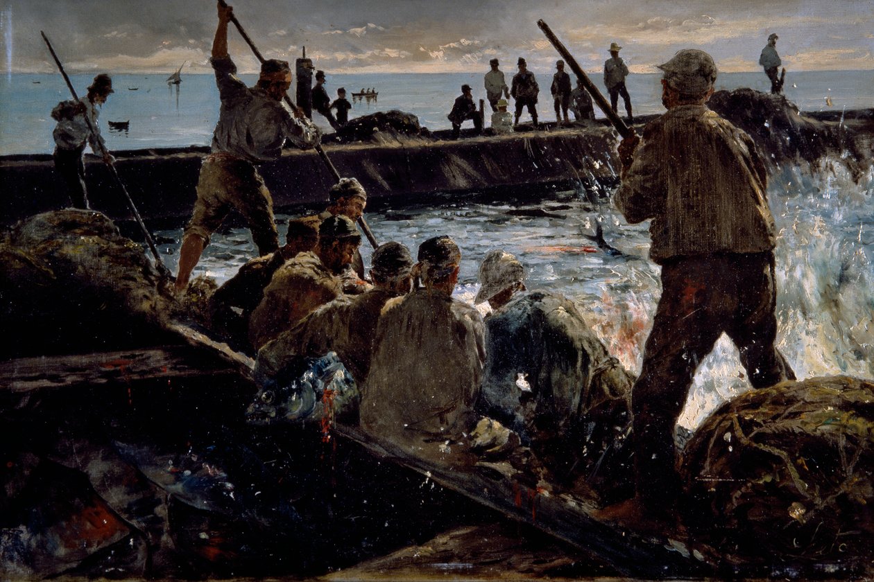 Slagtning af tun, maleri af Antonino Leto (1844-1913), olie på lærred, 41x62 cm af Antonino Leto