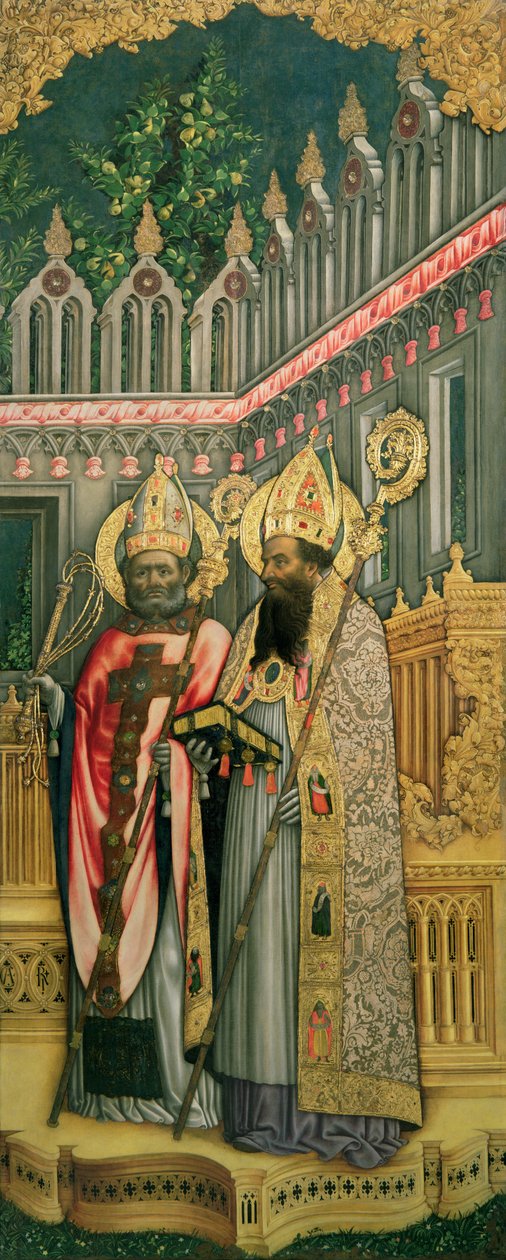 Skt. Ambrosius og Skt. Augustin, højre panel fra Jomfruen på tronen med de hellige Jerome, Gregory, Ambrosius og Augustin, 1446 (efter restaurering) (se 160893-99) af Antonio Vivarini