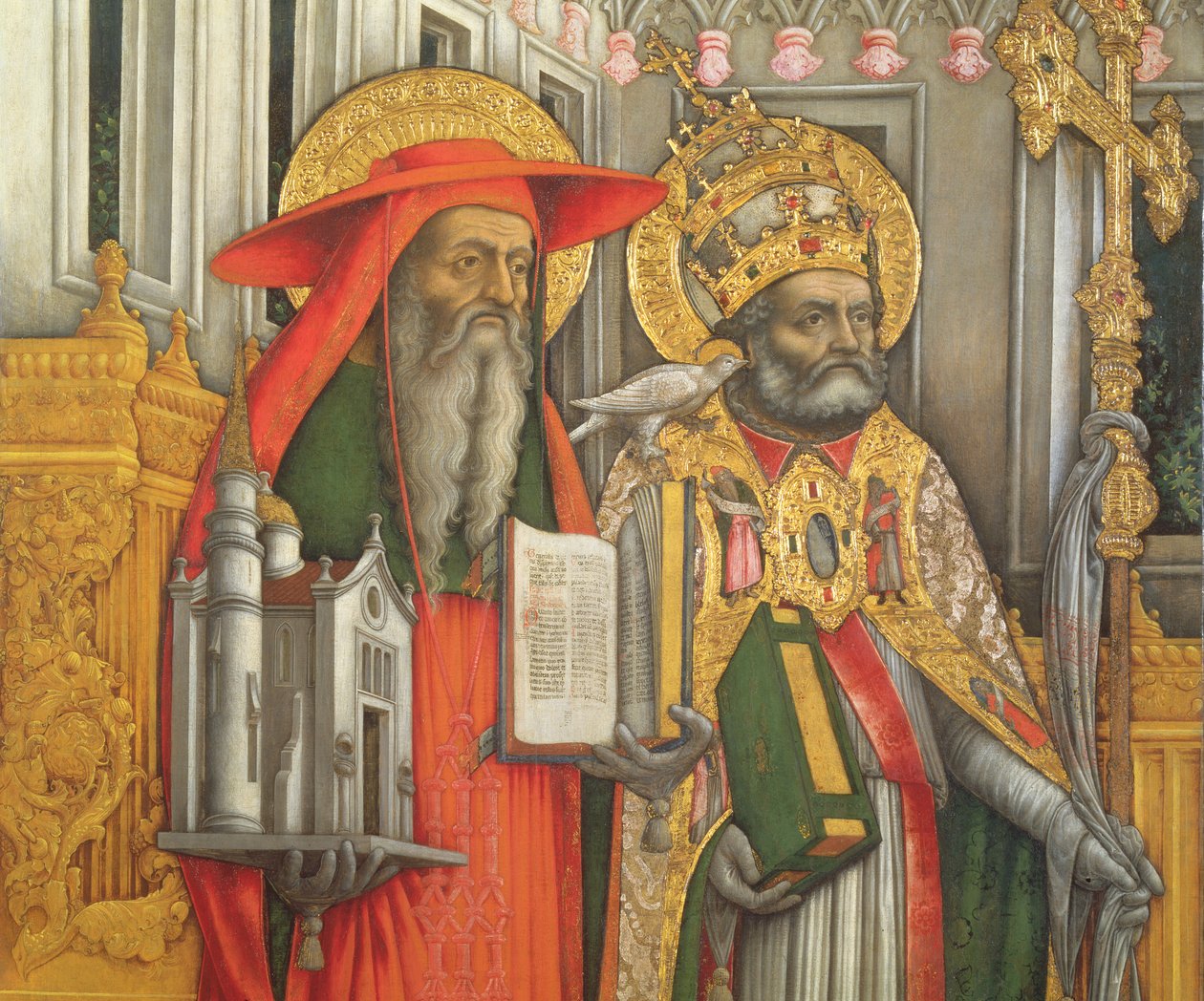 Skt. Jerome og Skt. Gregor, detalje af venstre panel fra Jomfruen på tronen med de hellige Jerome, Gregory, Ambrosius og Augustin, 1446 (efter restaurering) (se 160893-99) af Antonio Vivarini