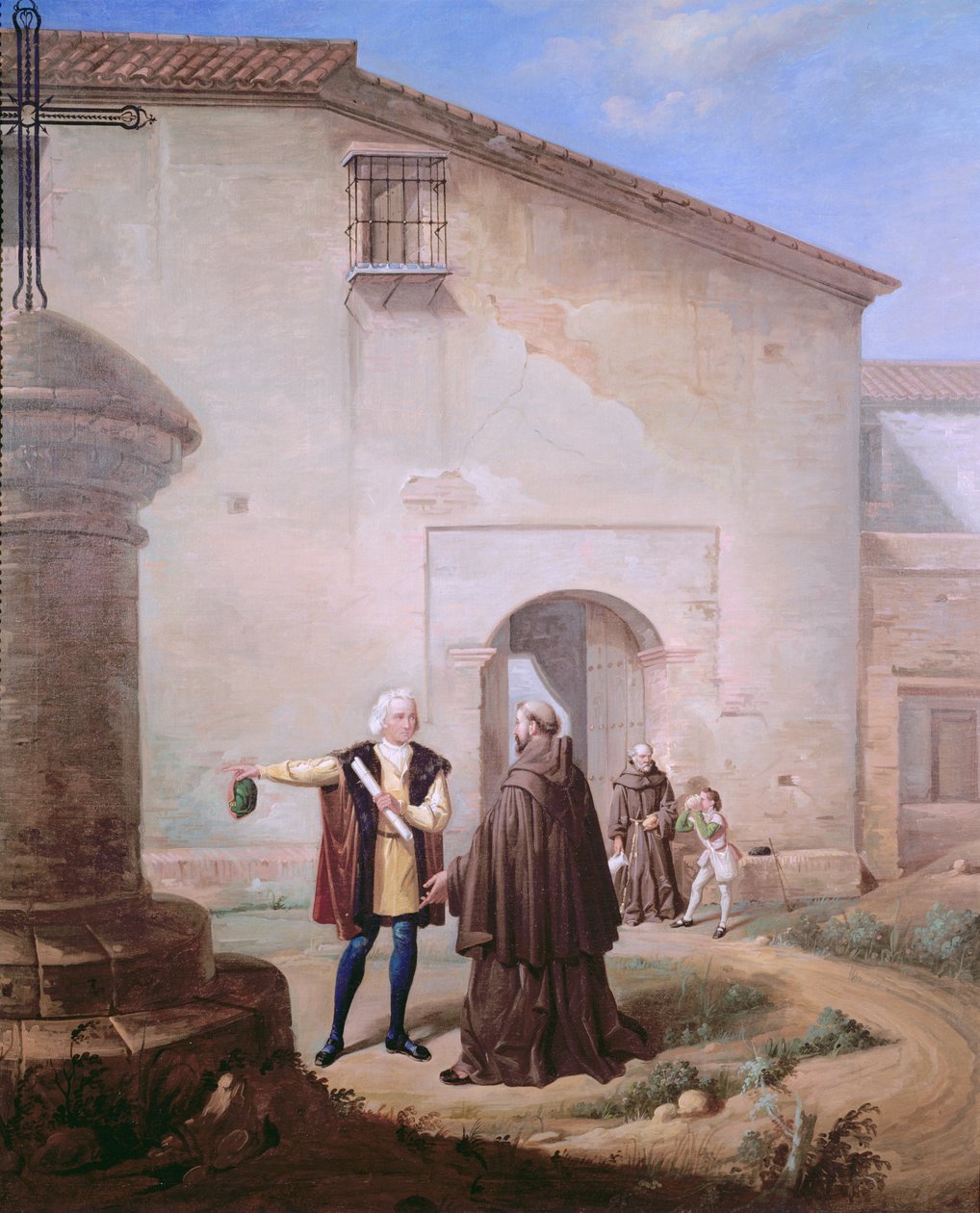 Franciskanermunkene fra klosteret Santa Maria de la Rabida giver brød og vand til Christoffer Columbus og hans søn Diego, 1858 af Antonio Cabral Bejarano