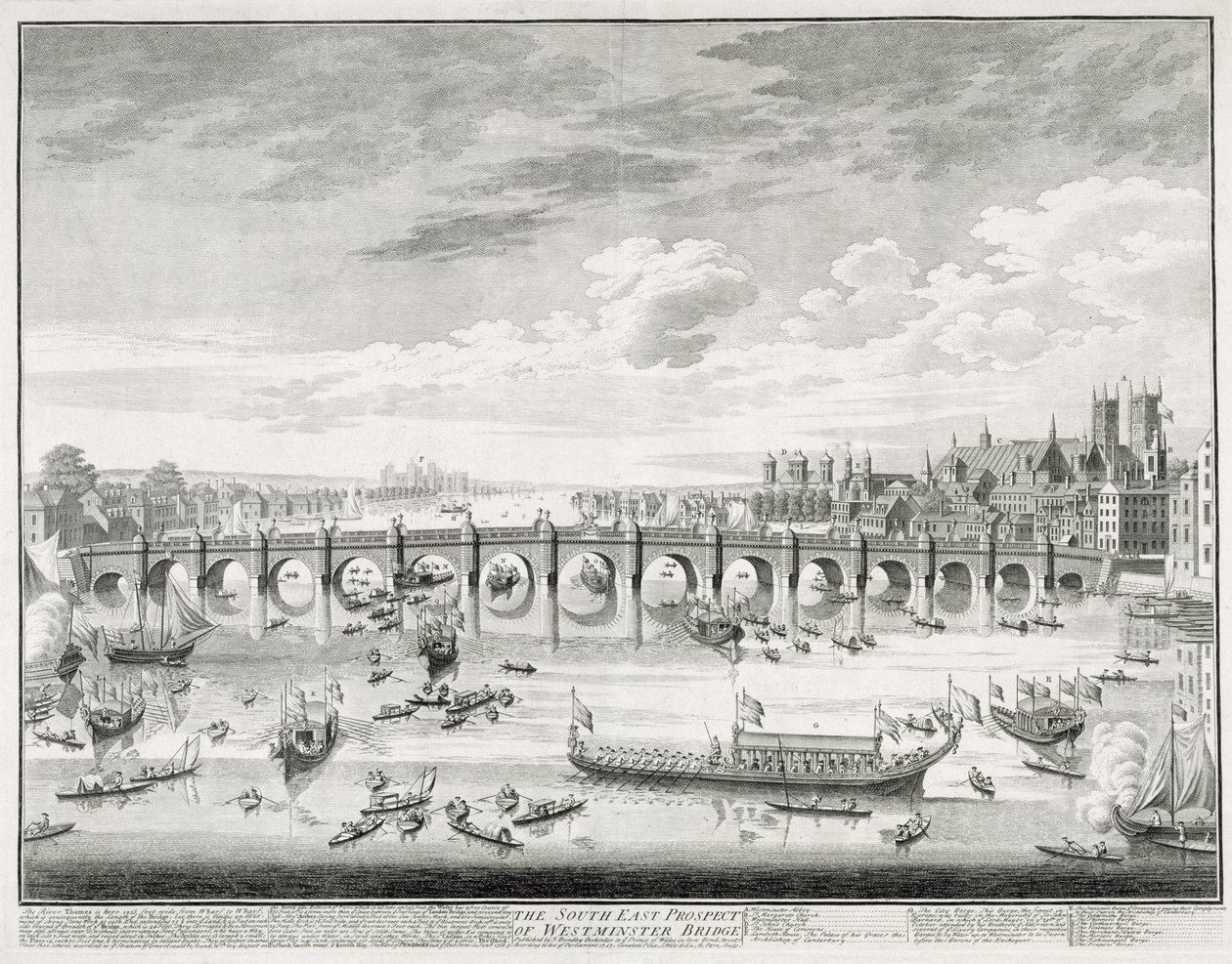 The South East Prospect of Westminster Bridge - Både, der ankommer til parlamentet for at aflægge ed på Sir John Barnard (1685-1764) som overborgmester i City of London, 1747, indgraveret af R. Parr (1723-s. af Giovanni Antonio Canal