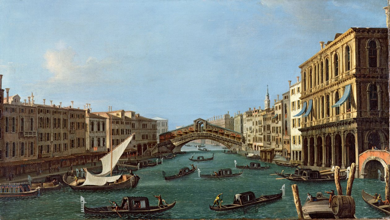 Udsigt over Canal Grande fra syd, Palazzo Foscari til højre og Rialtobroen bagefter af Giovanni Antonio Canal