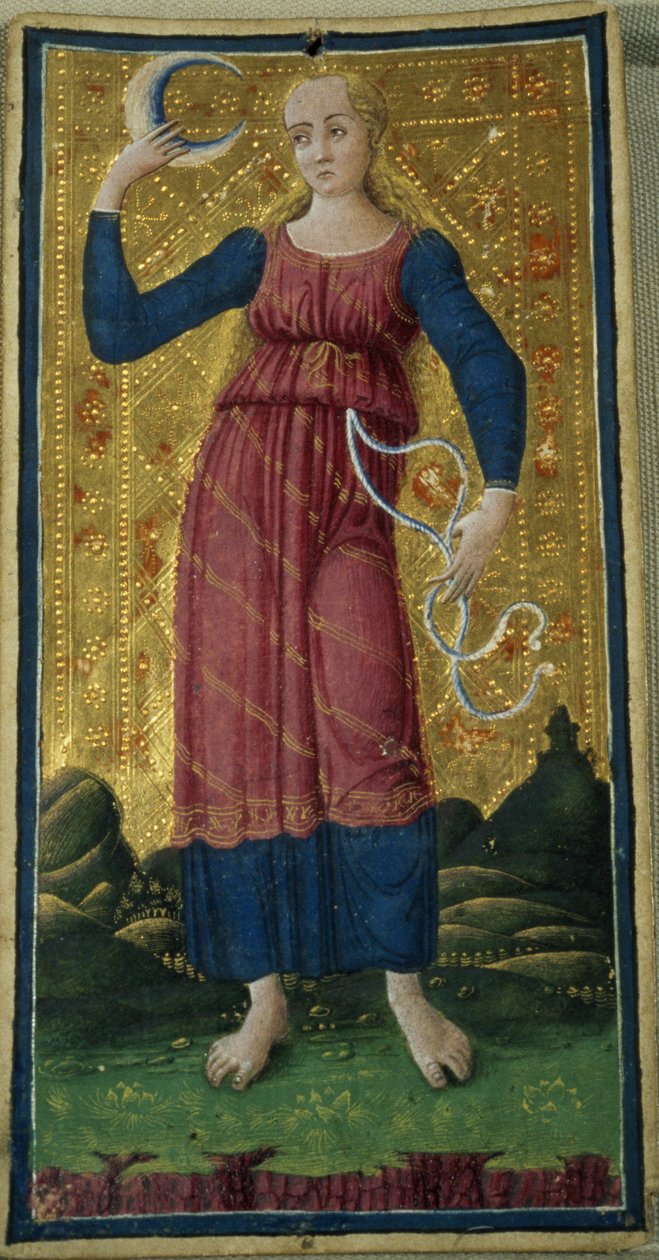 Månen, tarotkort, ca.1490, (gouache og forgyldt på kort) af Antonio Cicognara