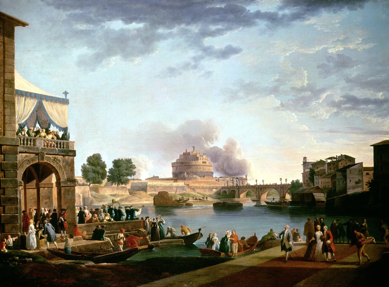 Valget af pave med Castel St. Angelo, Rom i baggrunden af Antonio Joli