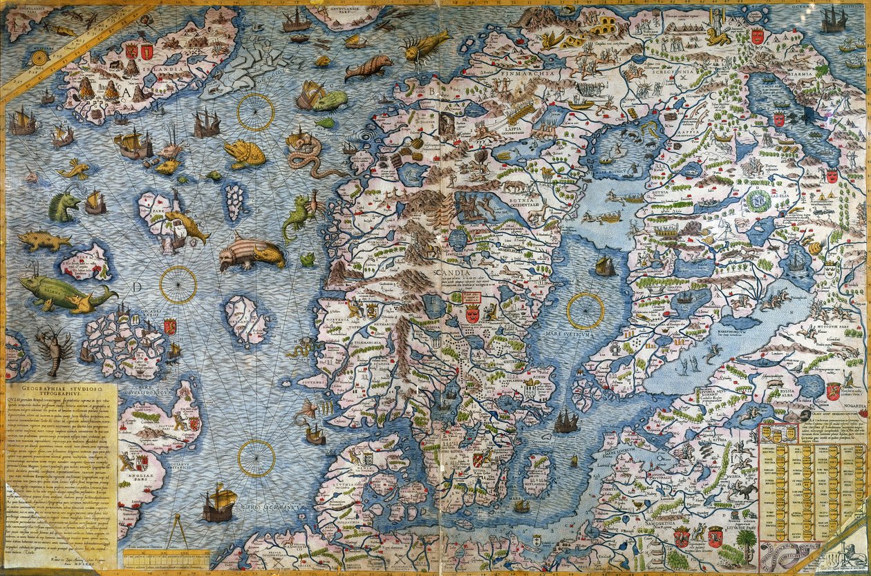 Skandinavien, detalje fra Carta Marina da Olaus Magnus, 1572 af Antonio Lafreri
