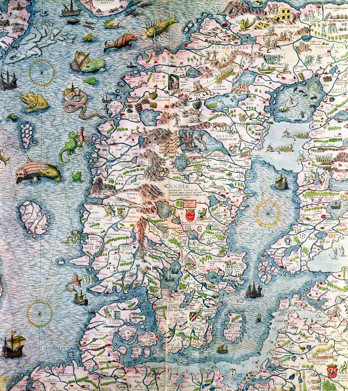 Skandinavien, detalje fra Carta Marina da Olaus Magnus, 1572 af Antonio Lafreri