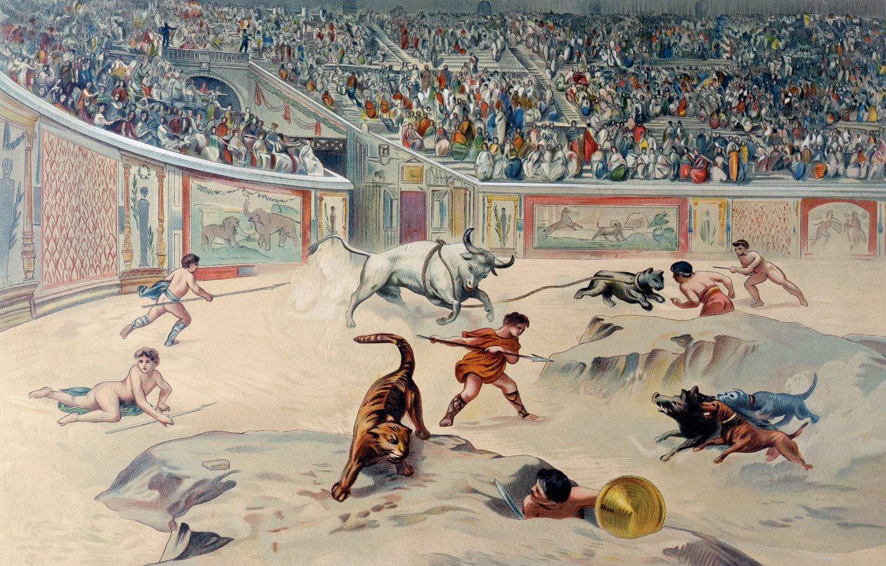 Gladiatorer, der kæmper mod dyr i cirkus i Pompeji af Antonio Niccolini