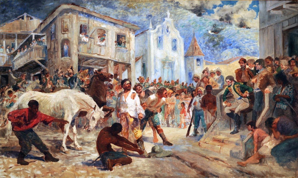 Retssag mod Filipe do Santos. Det skildrer den sidste scene i Filipe dos Santos -oprøret, der fandt sted i 1720, i Vila Rica, Minas Gerais, Braziln af Antonio Parreiras